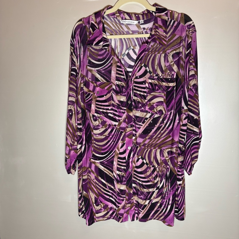Women's Swirl Sequins Purple white Patterned Button Down Shirt